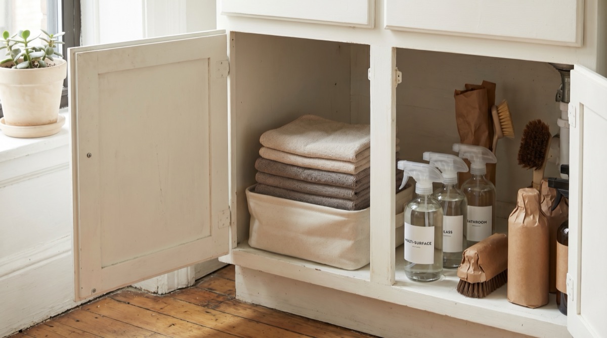A neatly organized under-sink cabinet with labeled cleaning supplies and microfiber cloths, bright and tidy