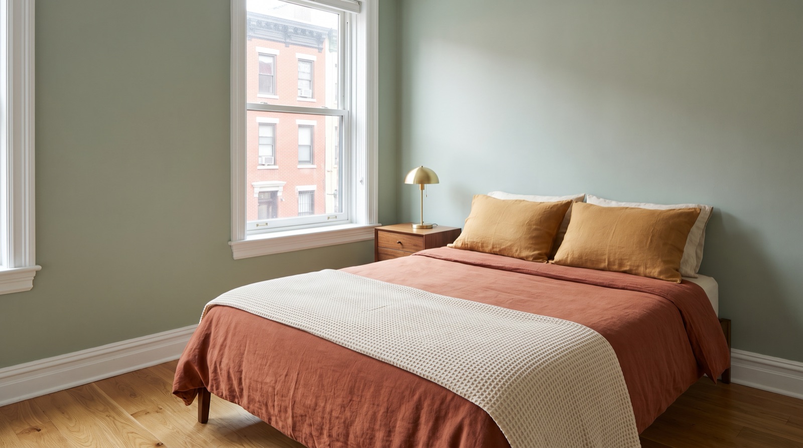 Compact Austin bedroom with sage-green walls, the bed made in rust linen, and the floor clear after a standard cleaning