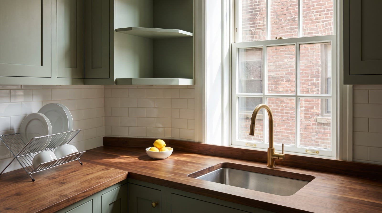 Small Austin kitchen with sage-green cabinets, a wiped-down walnut counter, clean sink, and dishes stacked in the drying rack