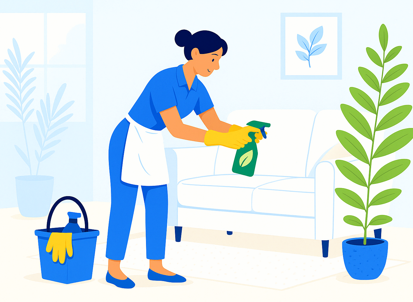 Eco-friendly home cleaning service in Austin, Texas. Cleaner spraying natural cleaning product on a white sofa.