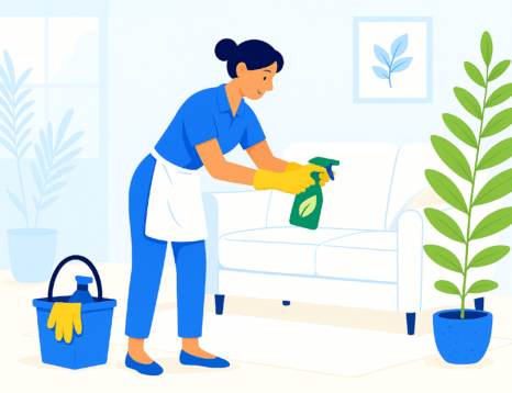 Eco-friendly home cleaning service in Austin, Texas. Cleaner spraying natural cleaning product on a white sofa.