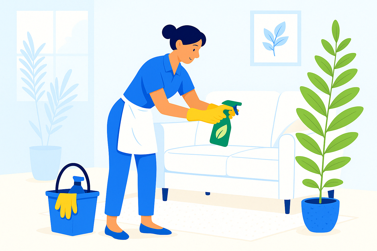 Eco-friendly home cleaning service in Austin, Texas. Cleaner spraying natural cleaning product on a white sofa.