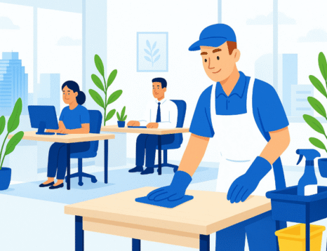 Office cleaning in Austin, Texas. Cleaner wiping down desk in a modern workspace with employees.