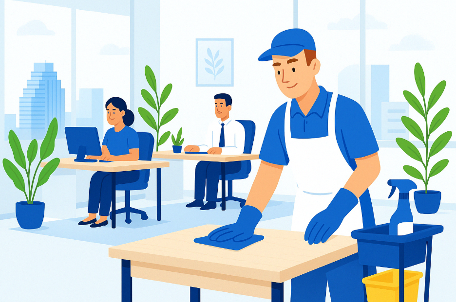 Office cleaning in Austin, Texas. Cleaner wiping down desk in a modern workspace with employees.