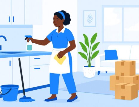 Move-in home cleaning service in Austin, Texas. Cleaner spraying kitchen counter with moving boxes nearby.