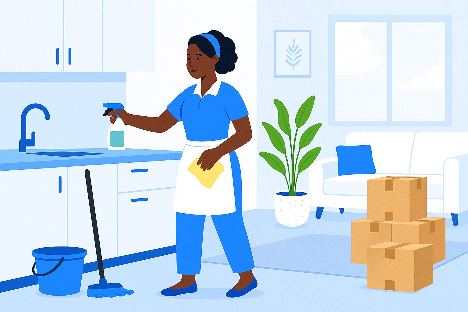 Move-in home cleaning service in Austin, Texas. Cleaner spraying kitchen counter with moving boxes nearby.