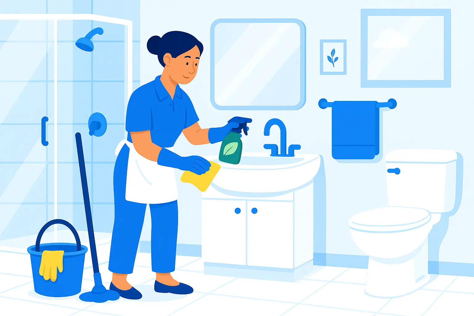 Cleaner scrubbing bathroom sink and faucet during move-out cleaning in Austin