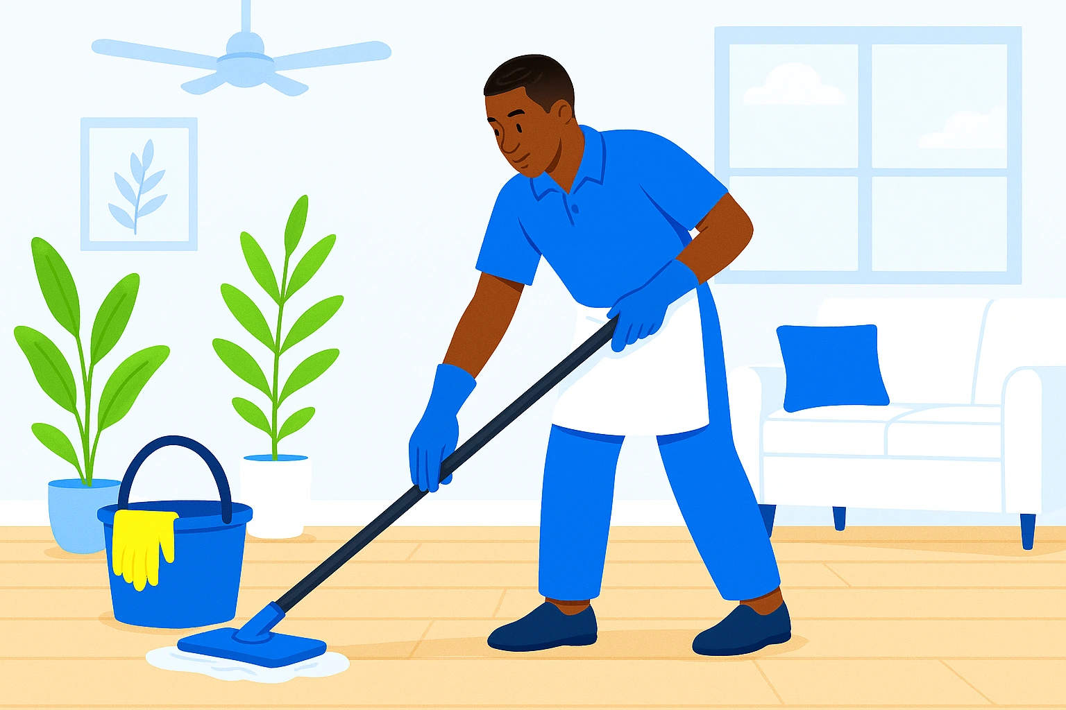 Cleaner mopping hardwood floors and wiping baseboards during deep cleaning in Austin