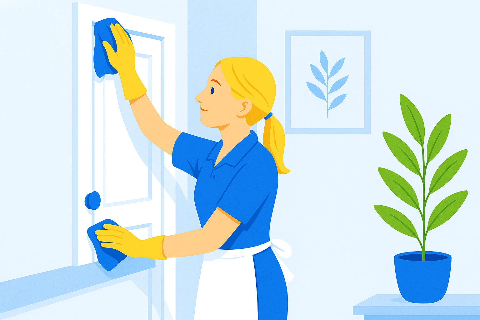 Cleaner wiping door trim and window sills during deep cleaning in an Austin home