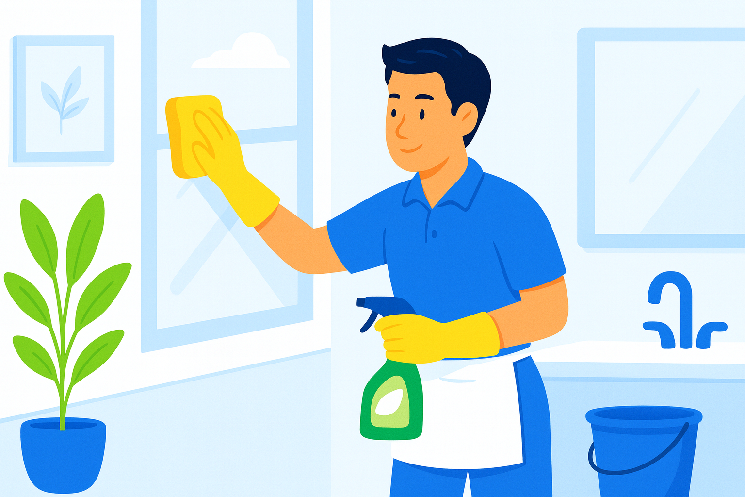 Cleaner polishing interior windows and glass doors during deep cleaning in Austin home